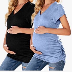 Maternity V-Neck Ruched Side Tops - Black and Blue